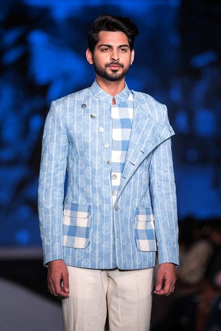 A!A By Abrar Ali_Ivory Silk, Polyurethane, Cotton Embroidery Floral Pattern Bandhgala Set_Online_at_Aza_Fashions