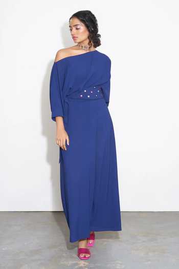 Style Junkiie_Blue Modal Asymmetric Off-shoulder Jumpsuit _Online_at_Aza_Fashions