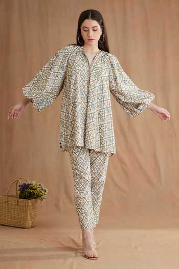 Nikasha_Blue Cotton Embroidery, Sequins Mandarin Collar Mughal Print Shirt And Pant Set _Online_at_Aza_Fashions