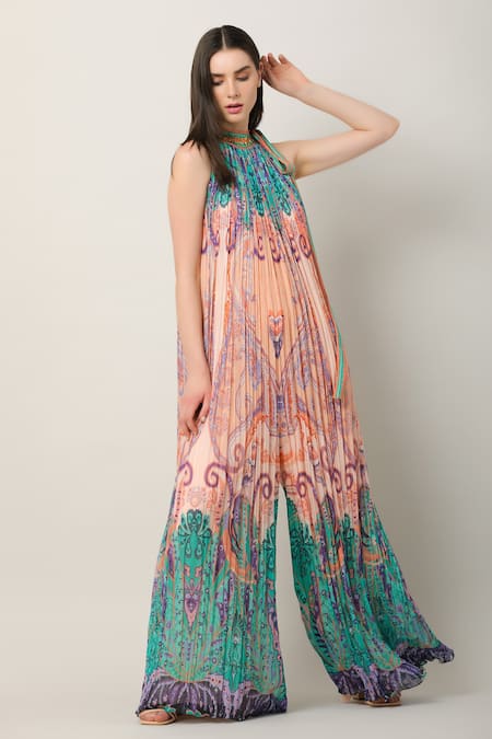 Limerick By Abirr N' Nanki_Multi Color Georgette Embroidery Halter Keya Paisley And Floral Print Jumpsuit _Online_at_Aza_Fashions