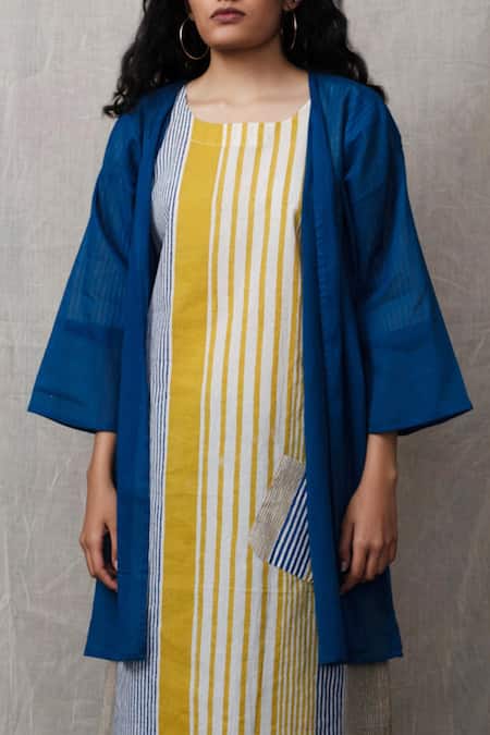 Banana Labs Blue Cotton Stripe Round Printed Kurta Set With Shrug Online at Aza Fashions Banana Labs_Blue Cotton Stripe Round Printed Kurta Set With Shrug _Online_at_Aza_Fashions