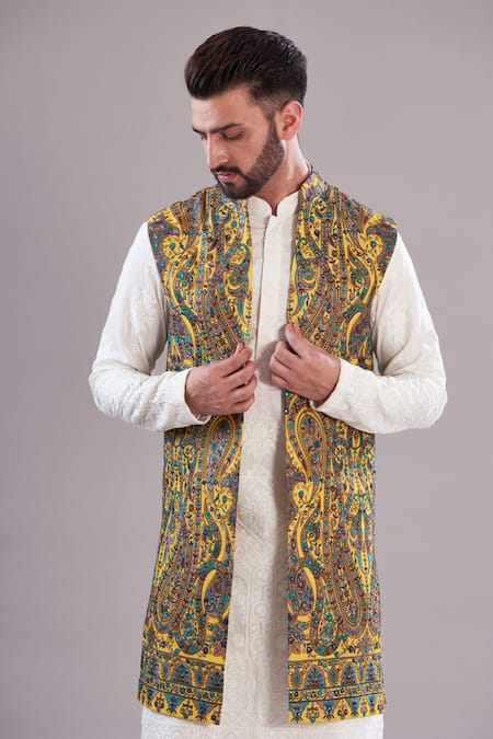 Kasbah_Yellow Georgette, Cotton Embroidery Kalamkari Long Open Shrug_Online_at_Aza_Fashions