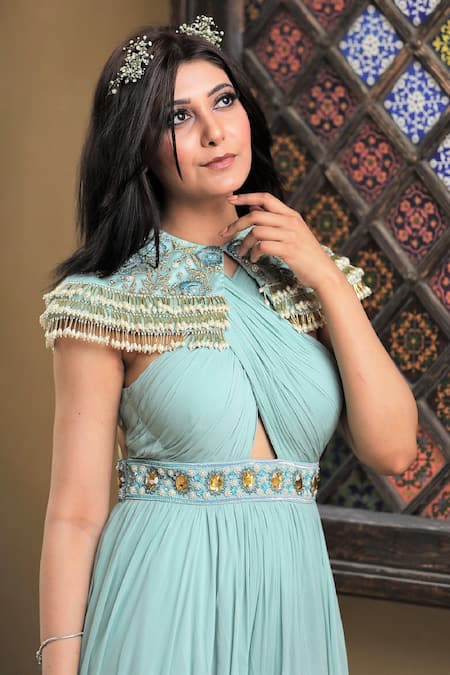 Kanj By Priyanka A Sakhuja Blue Sequin, Pearl And Crystal Work Cape Round, Gown Margo With Embroidered Online at Aza Fashions Kanj By Priyanka A Sakhuja_Blue Sequin, Pearl And Crystal Work Cape Round, Gown Margo With Embroidered _Online_at_Aza_Fashions