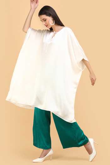 Label Ivish_Off White Silk, Velvet Keyhole Neck Front Tie-up Asymmetric Kaftan _Online_at_Aza_Fashions