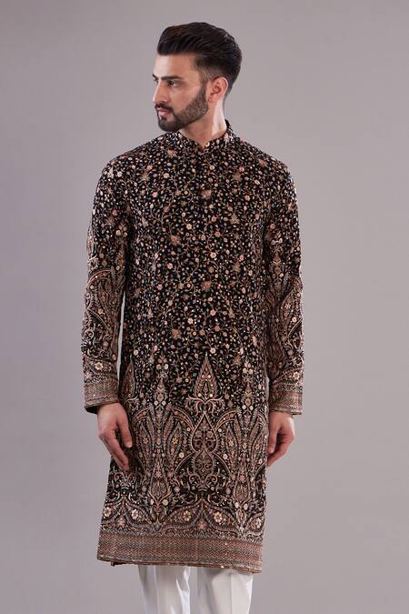 Kasbah_Black Georgette, Cotton Embroidery Intricate Thread And Sequin Kurta_Online_at_Aza_Fashions