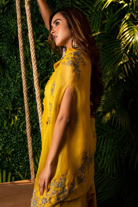 Pallavi Poddar Yellow Organza, Crepe, Cotton Zari, Zardozi Floral Cape And Draped Pant Set Online at Aza Fashions Pallavi Poddar_Yellow Organza, Crepe, Cotton Zari, Zardozi Floral Cape And Draped Pant Set _Online_at_Aza_Fashions