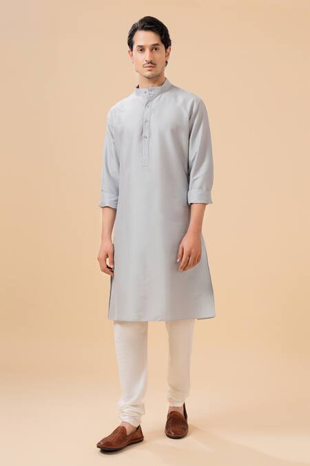 Raghavendra Rathore Blue_Grey Silk Raw Band Collar Kurta _Online_at_Aza_Fashions