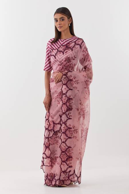 Amisha Kothari_Pink Organza, Diamonds Guldasta Floral Print Saree_Online_at_Aza_Fashions
