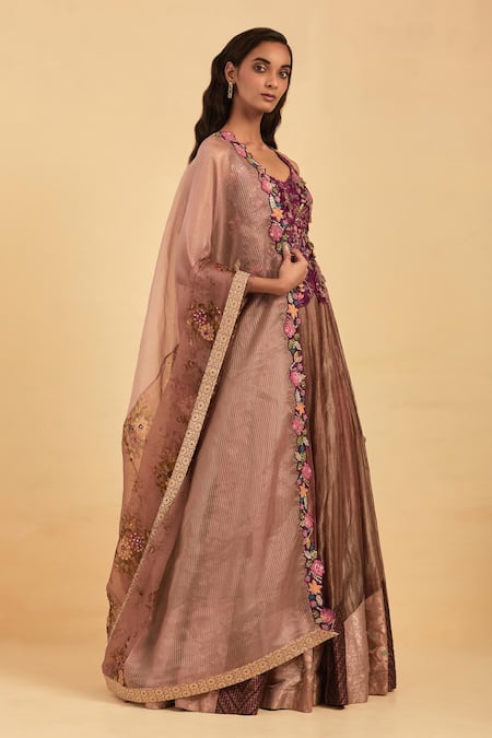 Aum By Asit And Ashima Wine Organza Hand Embroidered And Printed Aari Work & V Neck Flared Lehenga Set Online at Aza Fashions Aum By Asit And Ashima_Wine Organza Hand Embroidered And Printed Aari Work & V Neck Flared Lehenga Set _Online_at_Aza_Fashions