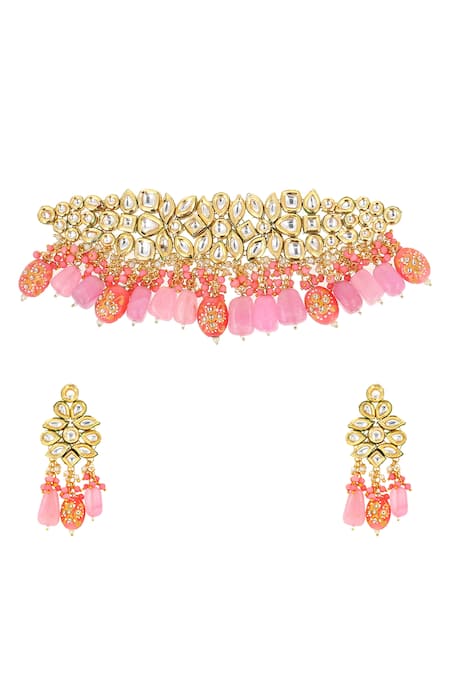 Ishhaara_Pink Beads, Stones Abstract Embellished Choker Necklace Set _Online_at_Aza_Fashions