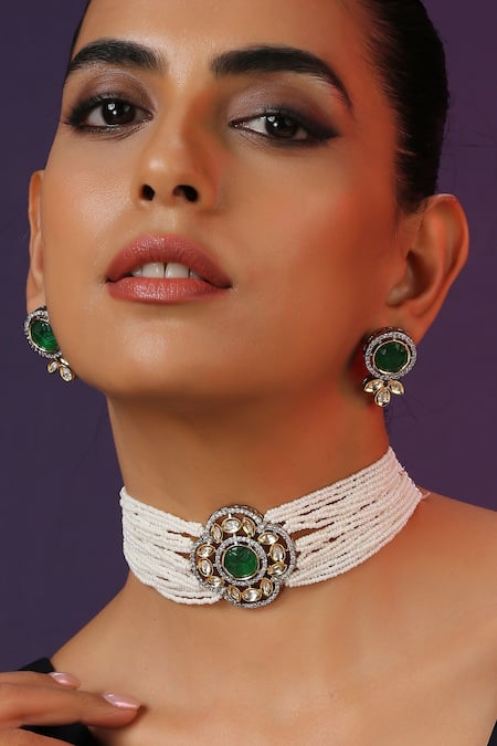 Swabhimann_Green Pearls Polki Studded Choker Necklace Set _Online_at_Aza_Fashions