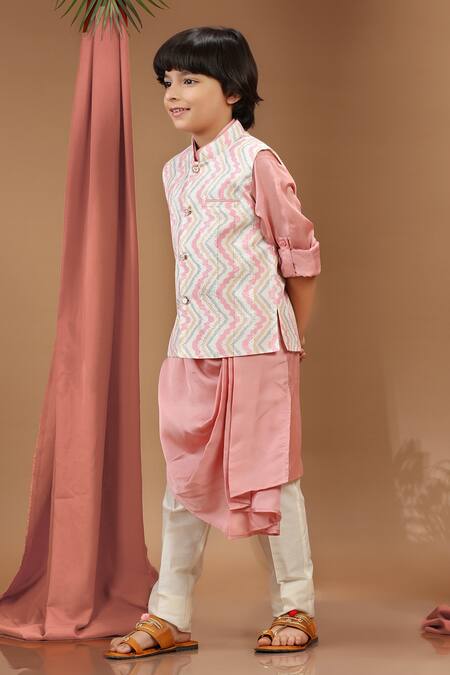 Kora By Nilesh Mitesh_Multi Color Silk Gota Patti, Embroidery Chevron Print Bundi Kurta Set_Online_at_Aza_Fashions