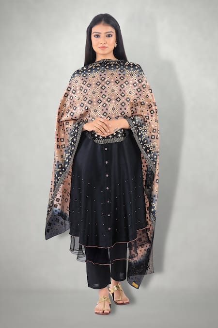 I Am Design_Black Linen Satin Ikat Print Round Button Down Kurta Set _Online_at_Aza_Fashions