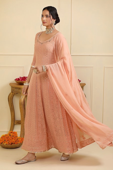Esha Koul_Peach Georgette, Linen, Crepe Chikankari And Gota Embroidered Anarkali Set _Online_at_Aza_Fashions