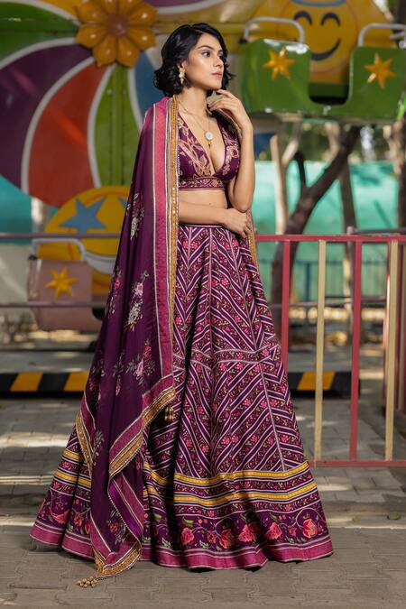 Irrau By Samir Mantri Multi Color Organza Embroidery Plunge Neck Floral Chevron Print Lehenga Set Online at Aza Fashions Irrau By Samir Mantri_Multi Color Organza Embroidery Plunge Neck Floral Chevron Print Lehenga Set _Online_at_Aza_Fashions