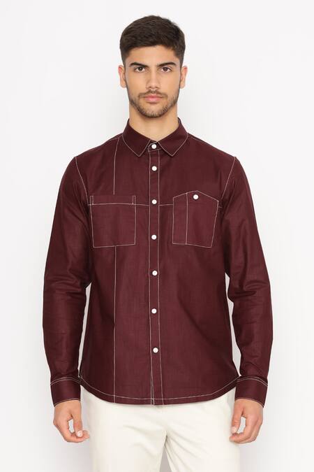 Lacquer Embassy_Maroon 100% Cotton Solid Olave Shirt _Online_at_Aza_Fashions