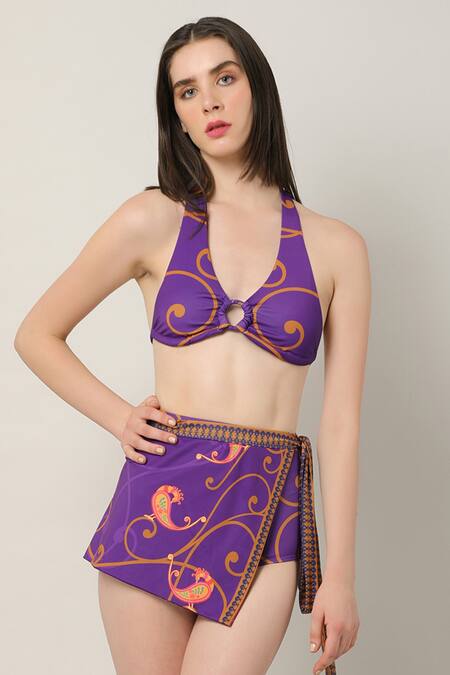 Limerick By Abirr N' Nanki Multi Color Polyester, Spandex Halter Neck Zorion Bikini Set With Skirt Online at Aza Fashions Limerick By Abirr N' Nanki_Multi Color Polyester, Spandex Halter Neck Zorion Bikini Set With Skirt _Online_at_Aza_Fashions