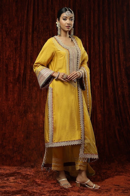 Shikhar Sharma Yellow Silk Chanderi Embroidered Pearl Round Neck Kurta Pant Set Online at Aza Fashions Shikhar Sharma_Yellow Silk Chanderi Embroidered Pearl Round Neck Kurta Pant Set _Online_at_Aza_Fashions