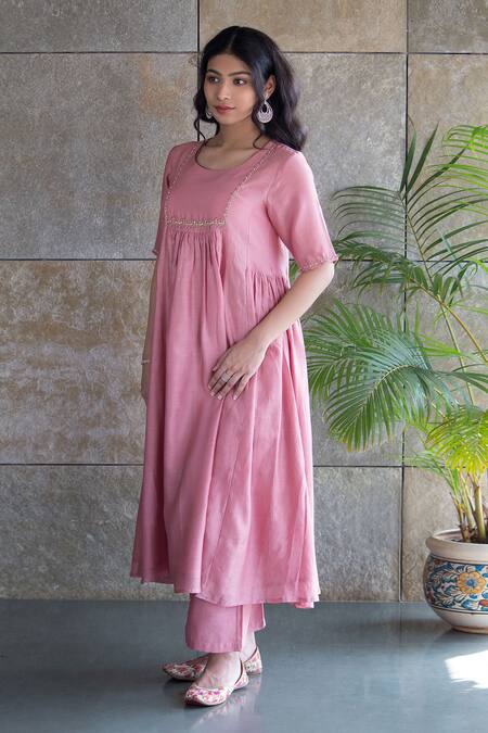 Cupid Cotton Pink Chanderi Silk Lace, Embroidery Round Neck Kalidar Kurta Pant Set Online at Aza Fashions Cupid Cotton_Pink Chanderi Silk Lace, Embroidery Round Neck Kalidar Kurta Pant Set _Online_at_Aza_Fashions