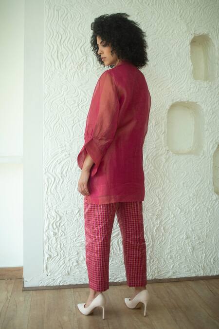 Oja_Pink Handloom Silk Applique Mandarin Collar Embroidered High Low Tunic With Pant _Online_at_Aza_Fashions