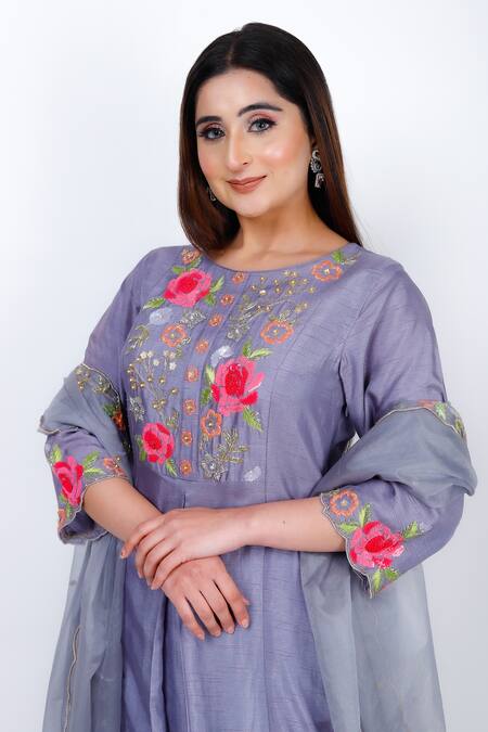 Geetika Jain_Grey Silk, Organza Sequins, Cut Work, Embellished Flared Kurta Palazzo Set_Online_at_Aza_Fashions