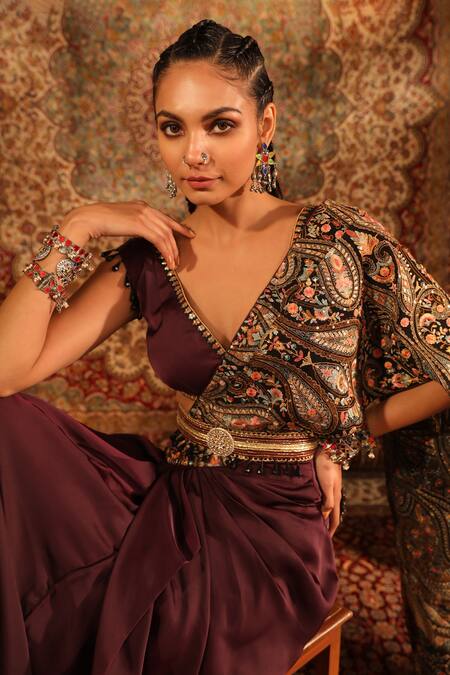 Aditi Gupta_Wine Satin, Lycra, Silk Tassels, Embroidery, Pre-draped Saree With Blouse _Online_at_Aza_Fashions