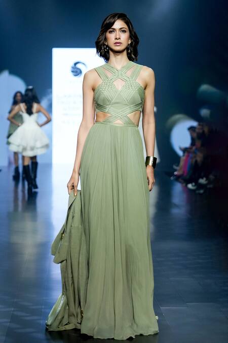 Saisha Shinde_Green Georgette, Denim Cropped Biker Jacket _Online_at_Aza_Fashions