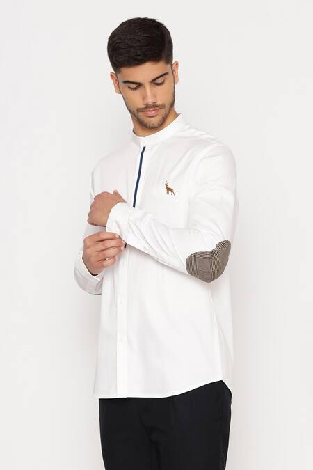 Lacquer Embassy_White Cotton Embroidery, Patchwork Antler Motif Shirt _Online_at_Aza_Fashions