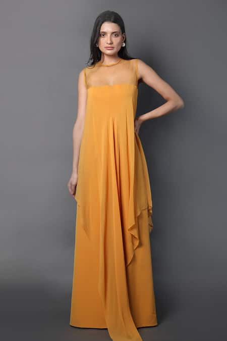 Swatee Singh_Yellow Crepe, Georgette Round Neck Sheer Yoke Jumpsuit _Online_at_Aza_Fashions