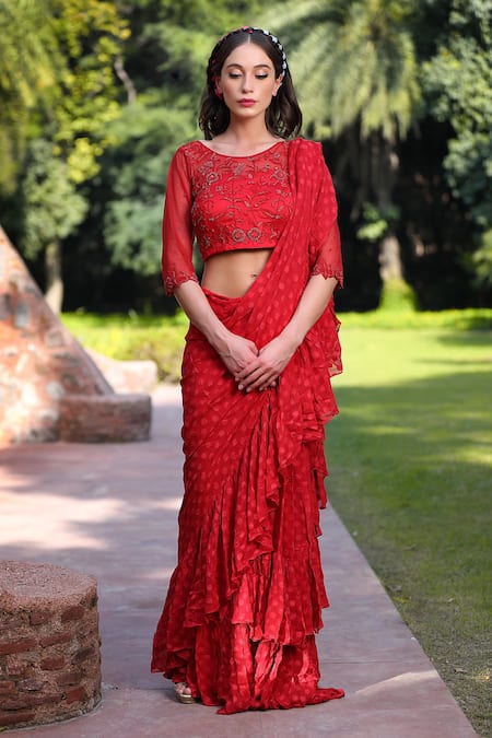 Tarini Vij_Red Blouse Net And Satin, Saree Self Periwinkle Ruffle Pre-pleated With_Online_at_Aza_Fashions