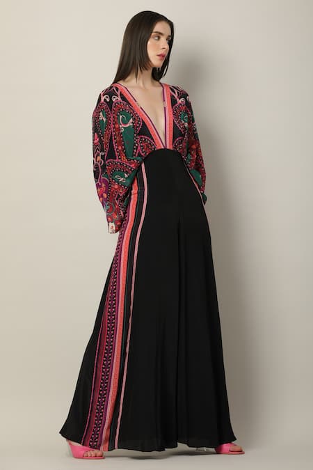 Limerick by Abirr N' Nanki_Multi Color Crepe V-neck Illesha Printed Jumpsuit _Online_at_Aza_Fashions