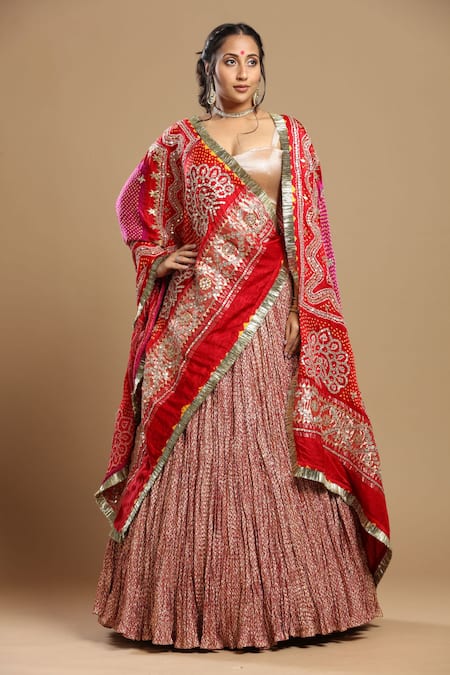 Etasha By Asha Jain_Gold Silk, Tissue, Gingham Embroidery, Fringe Sweetheart Neck Flared Lehenga Set _Online_at_Aza_Fashions