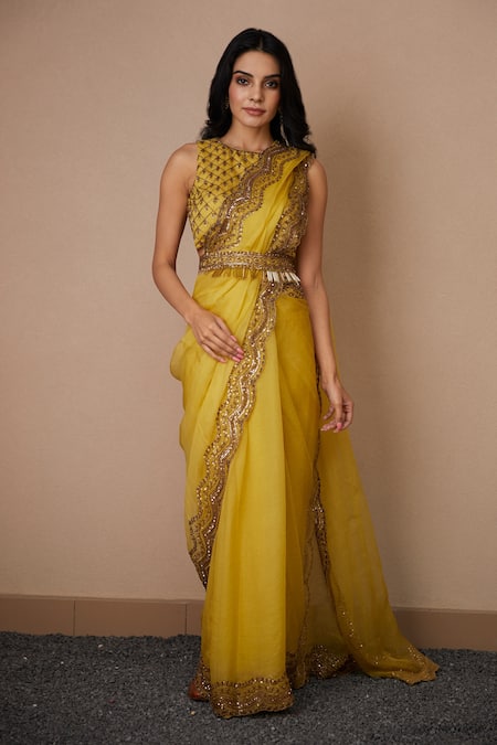 Astha Narang_Yellow Organza, Crepe Embroidery Round Neck Scallop Saree With Blouse _Online_at_Aza_Fashions