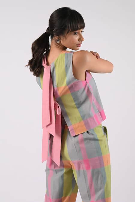 Buy Tussah By Siddhi Shah Multi Color Cotton Round Neck Checkered Crop Top With Pant Online at Aza Fashions Buy_Tussah By Siddhi Shah_Multi Color Cotton Round Neck Checkered Crop Top With Pant _Online_at_Aza_Fashions