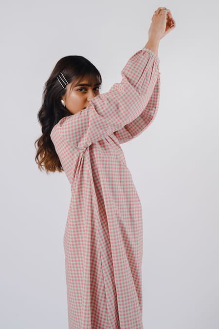 Tussah By Siddhi Shah Pink Cotton Printed Checkered Round Kurta Online at Aza Fashions Tussah By Siddhi Shah_Pink Cotton Printed Checkered Round Kurta _Online_at_Aza_Fashions