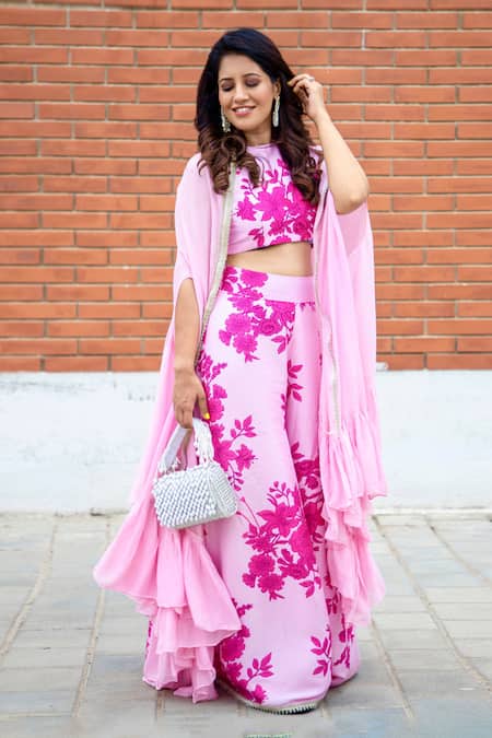 Embroidered Palazzo Crop Top Set With Printed Jacket