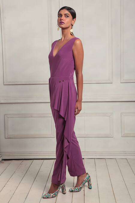 Buy_Couché By Anandini_Purple Poplin Embroidery V-neck Punto Draped Jumpsuit _Online_at_Aza_Fashions