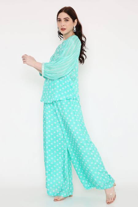 Bha Sha Blue Muslin Embroidery Mandarin Collar Tiya Printed Tunic And Flared Pant Set Online at Aza Fashions Bha Sha_Blue Muslin Embroidery Mandarin Collar Tiya Printed Tunic And Flared Pant Set _Online_at_Aza_Fashions