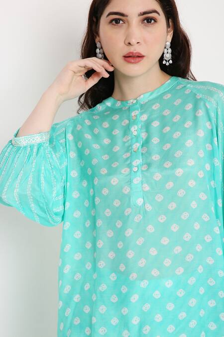 Buy Bha Sha Blue Muslin Embroidery Mandarin Collar Tiya Printed Tunic And Flared Pant Set Online at Aza Fashions Buy_Bha Sha_Blue Muslin Embroidery Mandarin Collar Tiya Printed Tunic And Flared Pant Set _Online_at_Aza_Fashions