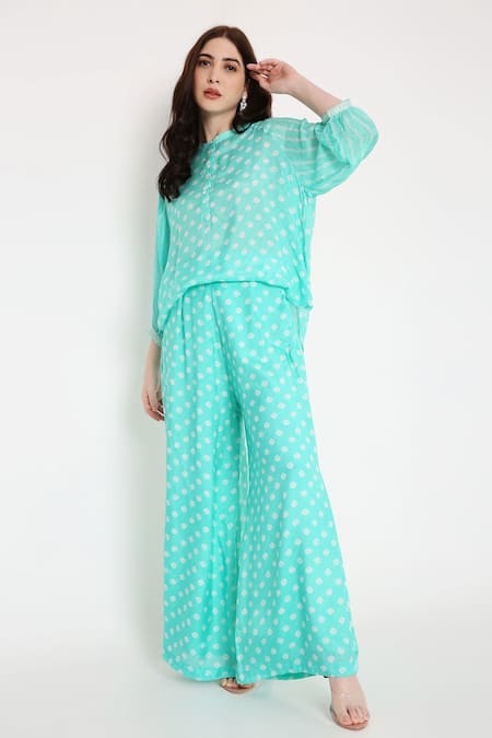 Shop Bha Sha Blue Muslin Embroidery Mandarin Collar Tiya Printed Tunic And Flared Pant Set Online at Aza Fashions Shop_Bha Sha_Blue Muslin Embroidery Mandarin Collar Tiya Printed Tunic And Flared Pant Set _Online_at_Aza_Fashions