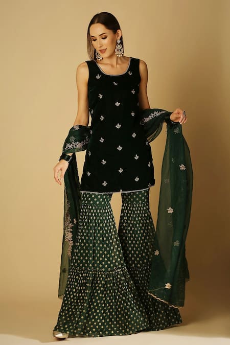 Shop_Monk & Mei By Sonia Anand_Emerald Green Velvet, Georgette, Organza Embroidery, Cyra Kurta Sharara Set _Online_at_Aza_Fashions