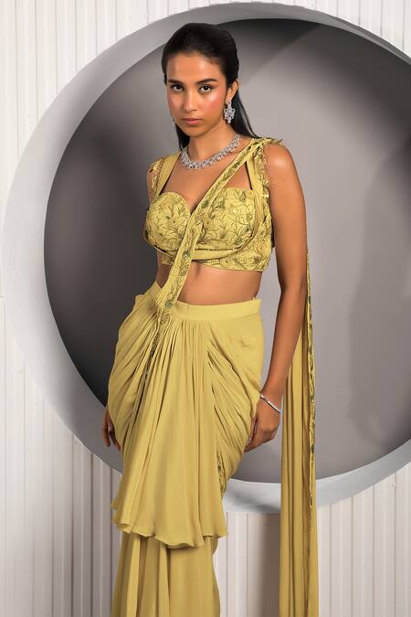 Buy_Jade By Ashima_Gold Crepe Embroidery Sweetheart Neck Pre-draped Ruffle Tiered Saree With Blouse _Online_at_Aza_Fashions