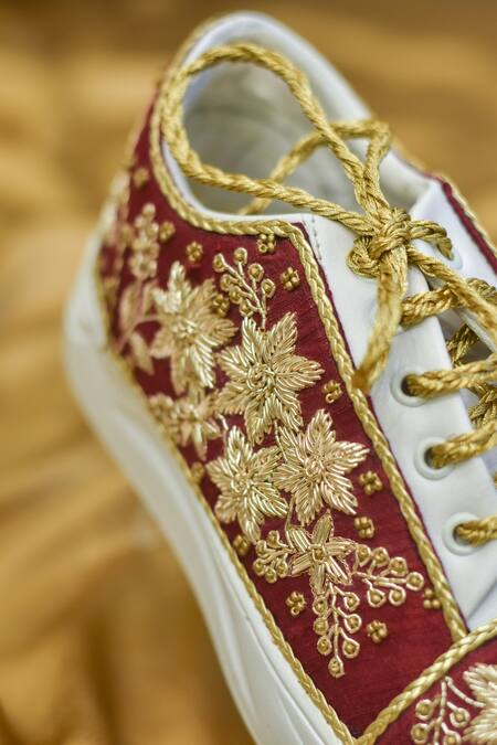 Buy_Around Always_Maroon Cassie Floral Embroidered Sneakers_Online_at_Aza_Fashions