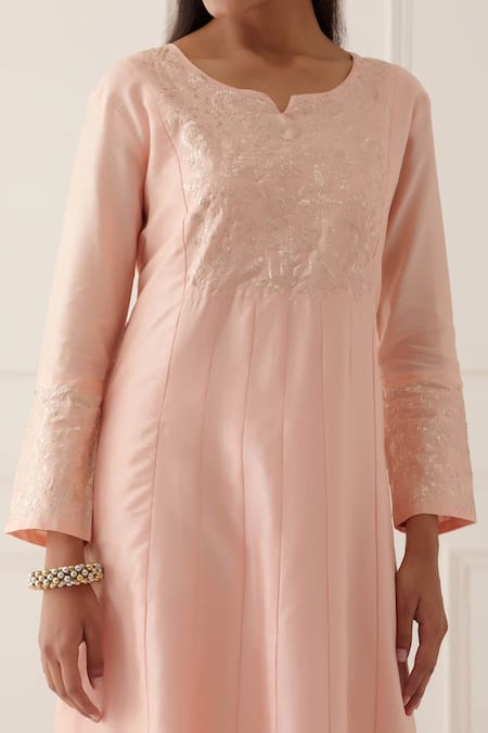 Buy_Kamaltaas_Peach , Silk Embroidery Split V-neck Yoke Anarkali Pant Set _Online_at_Aza_Fashions