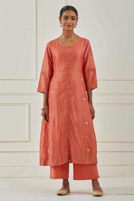 Buy Kamaltaas Orange Chanderi Silk, Cotton, Lurex Embroidery Side-kalidar Anarkali Pant Set Online at Aza Fashions Buy_Kamaltaas_Orange Chanderi Silk, Cotton, Lurex Embroidery Side-kalidar Anarkali Pant Set_Online_at_Aza_Fashions
