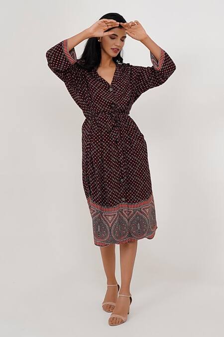 Shop_More Soul_Brown 100 % Viscose Print Diamond Spread Collar Tile Dress_Online_at_Aza_Fashions