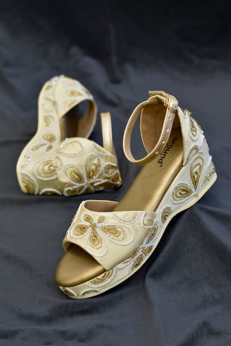 Buy_Around Always_Gold Embroidery Isabelle Wedges _Online_at_Aza_Fashions