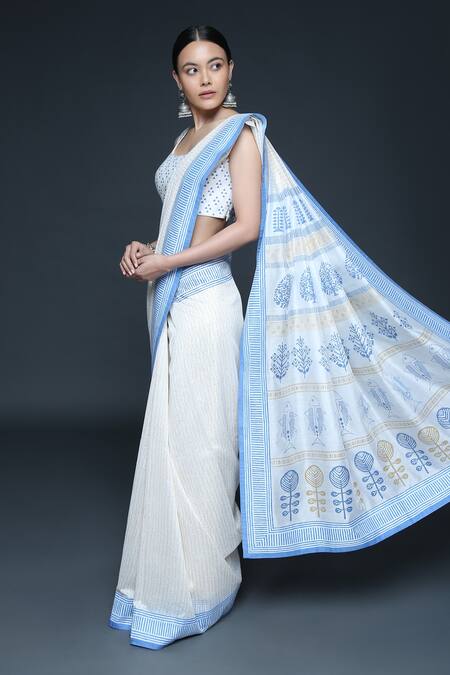 Sanjev Marwaaha Ivory Chanderi Printed Geometric U Neck Conventional Block Saree With Blouse Online at Aza Fashions Sanjev Marwaaha_Ivory Chanderi Printed Geometric U Neck Conventional Block Saree With Blouse_Online_at_Aza_Fashions