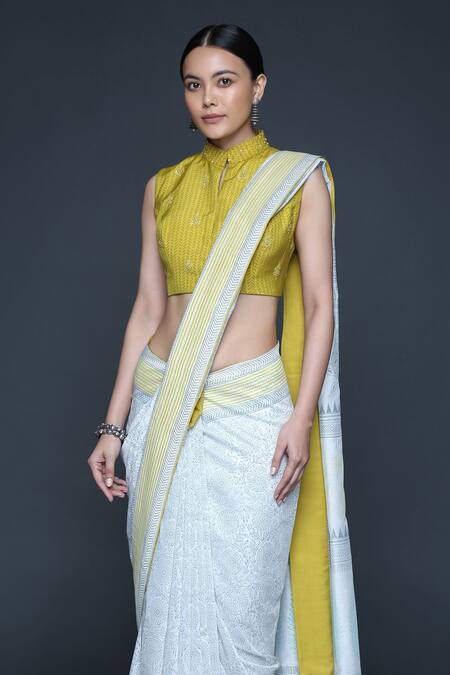 Sanjev Marwaaha_Yellow Chanderi Printed Floral Band Collar Block Saree With Blouse_Online_at_Aza_Fashions