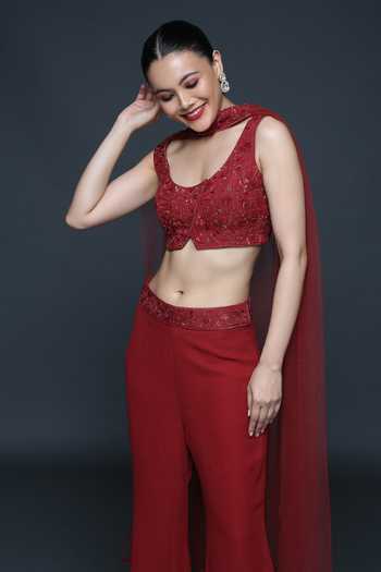 Buy_Sanjev Marwaaha_Red Georgette Embellished Beads Round Overlap Blouse Palazzo Set_Online_at_Aza_Fashions